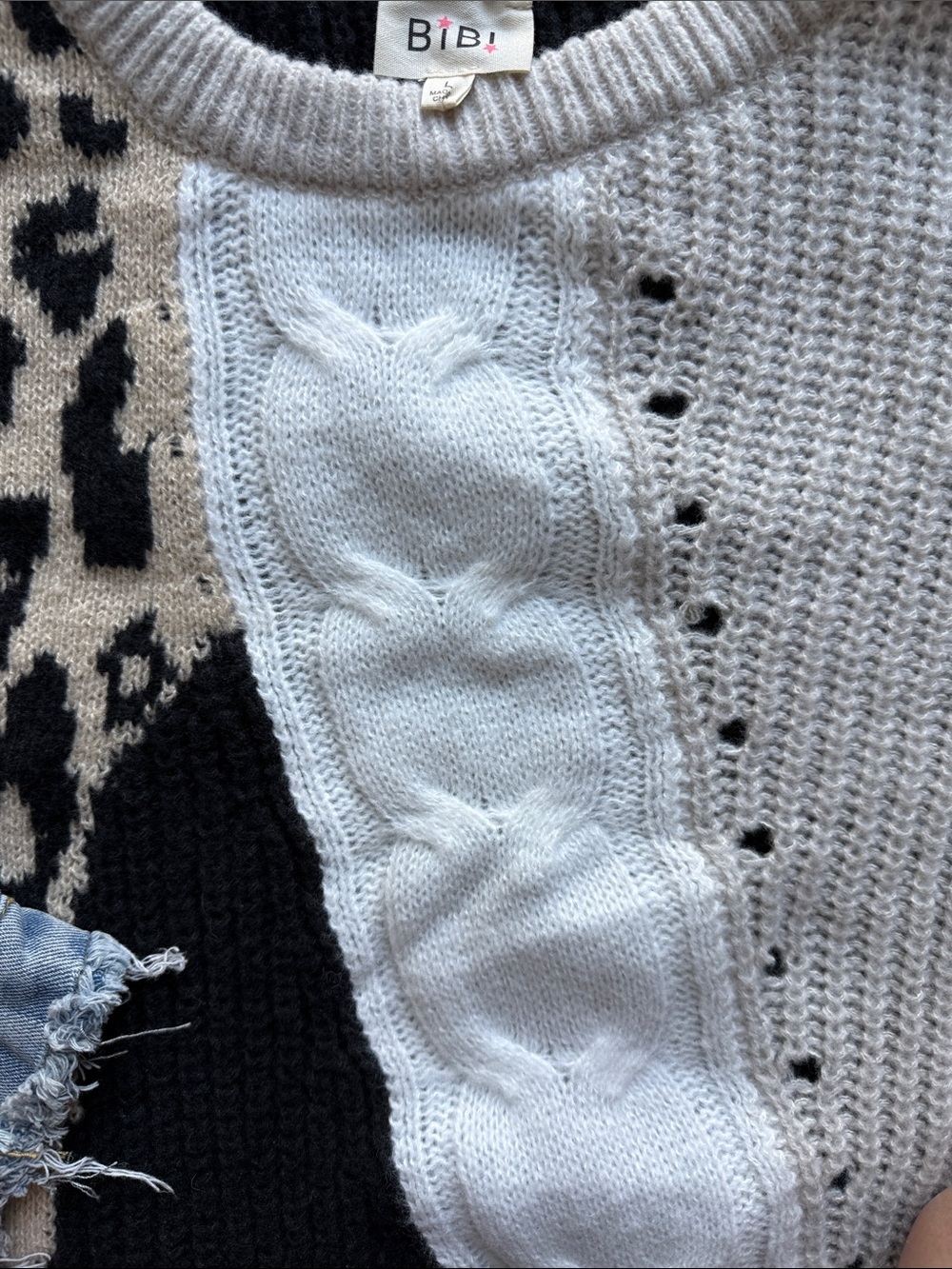 Bibi Mixed-Knit Leopard Patchwork Sweater in Beige and Black sz l oversized - Picture 3 of 5